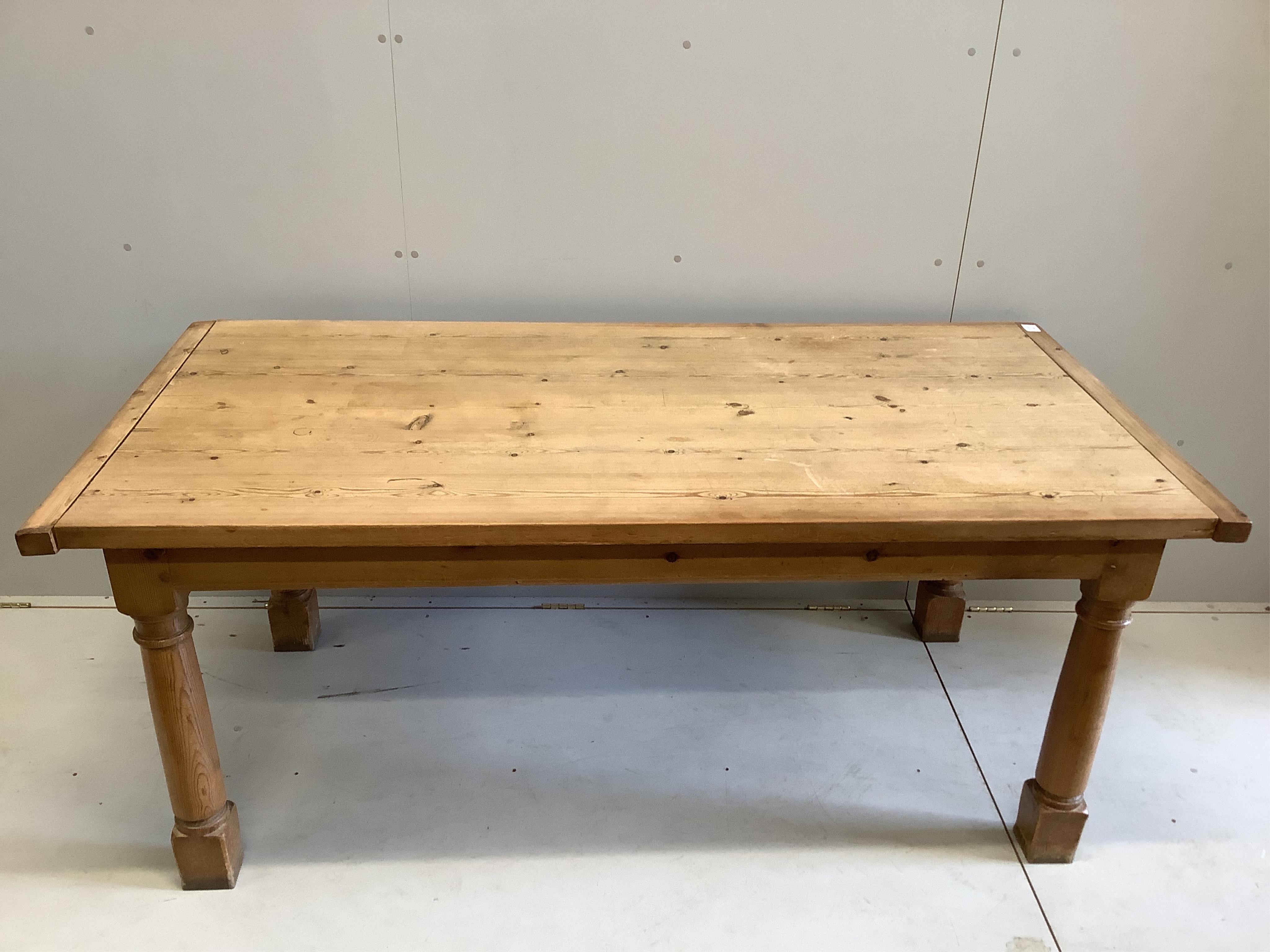 A rectangular pine refectory dining table, width 183cm, depth 89cm, height 77cm. Condition - fair